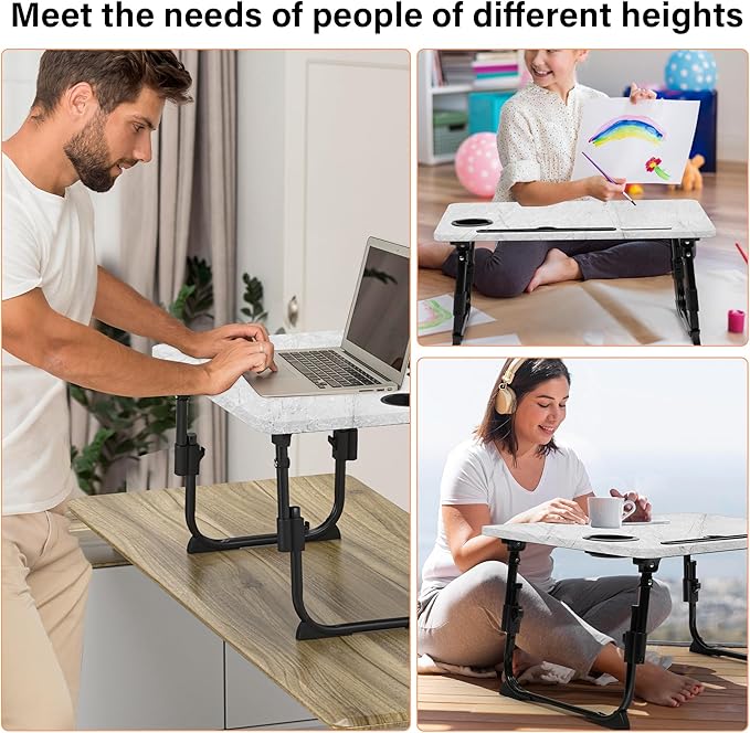 Lap Desk for Bed, Adjustable Laptop Desk with USB Charging Port, Storage Drawer & Bookshelf — Foldable Bed Desk for WFH & Students, 23.6" Desktop Fits 19" Laptop, Non-Slip, Light Stone Texture