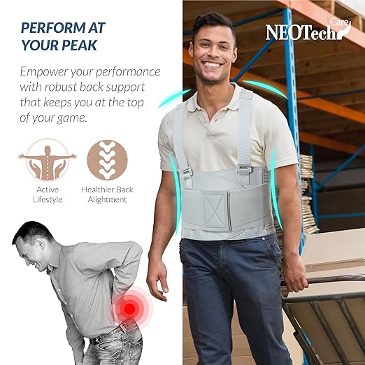 NeoTech Care Back Brace with Suspenders for Work - Industrial Lifting Safety, Elastic Compression, Hook & Loop Closure (Gray, Size L)