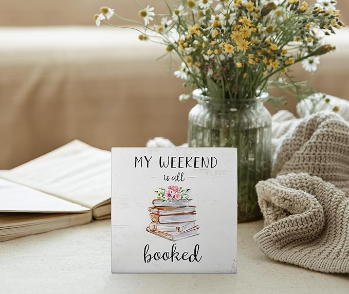 Mtrgdn Kids Bookshelf Decor,My Weekend is Booked Book Wood Desk Sign,Cute Small Bookshelf Reading Decor for Homeschool Library Tadder Reading Room Decorations,5x5 Inch