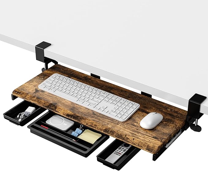 ETHU Keyboard Tray Under Desk, Pull Out Keyboard & Mouse Tray with C-clamp, Ergonomic Desk Keyboard Tray Slide Out, Pull Out Platform Drawer for Home and Office(Wood)