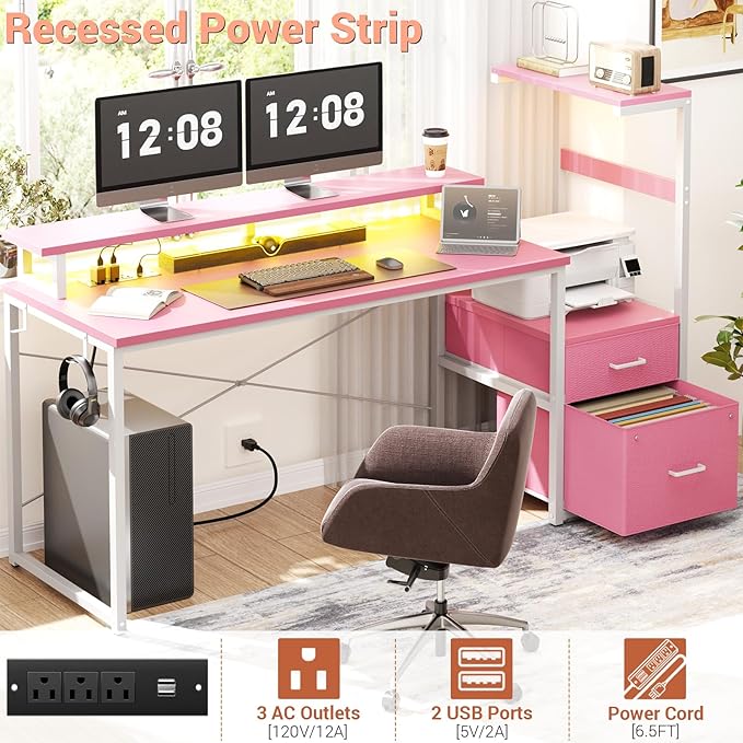 Aheaplus Gaming Desk with LED Strip & Power Outlet, 59Inch Reversible Computer Desk with Monitor Stand & Storage Shelves, Home Office Desks with Fabric File Drawer, Gamer Table PC Desk, Pink