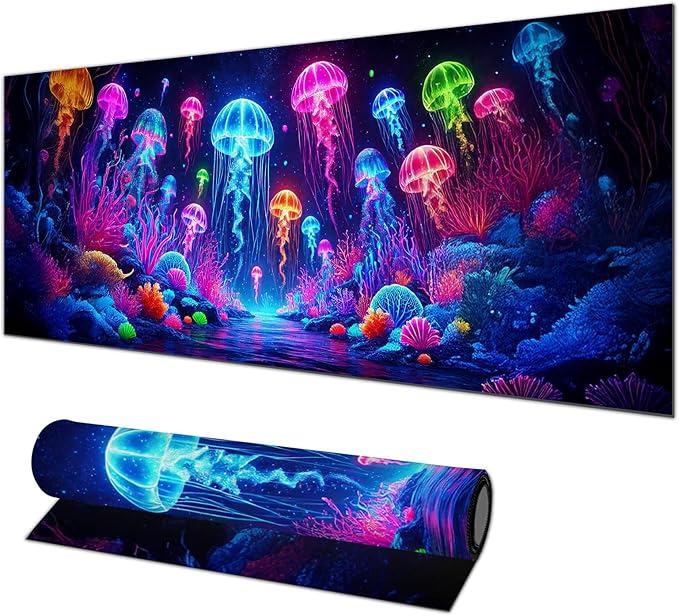 HOMETITUTE Jellyfish Neon Gaming Mouse Pad XL Desk Mat Large Mouse Pad for Extended Keyboard Pad Computer Mat Waterproof Mouse Mat Non Slip Base Desk Accessories for Home Office Gaming