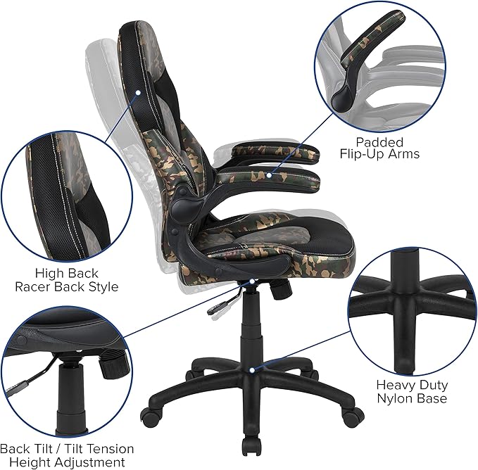 EMMA + OLIVER Black/Camo Gaming Desk Bundle - Cup & Headphone Holders/Mouse Pad Top