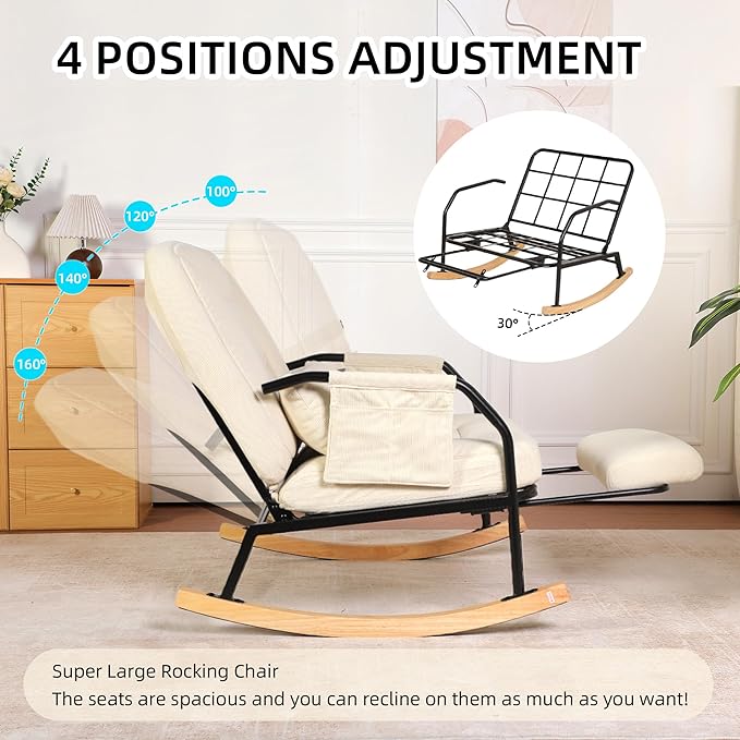 Oversized Reclining Rocking Chair with Foot Rest, 110°–160° Adjustable Backrest, Upholstered Armchair with Side Pocket for Nursery and Living Room, Beige