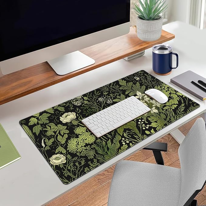 Floral Desk Mat Green Leaves Plant Desk Pad Matt for Desktop Large Gaming Mousepad XXL Full Desk Mouse Pad Computer Keyboard Mat Deskmat Aesthetic Office Desk Decor 31.5 X 15.7 Inch