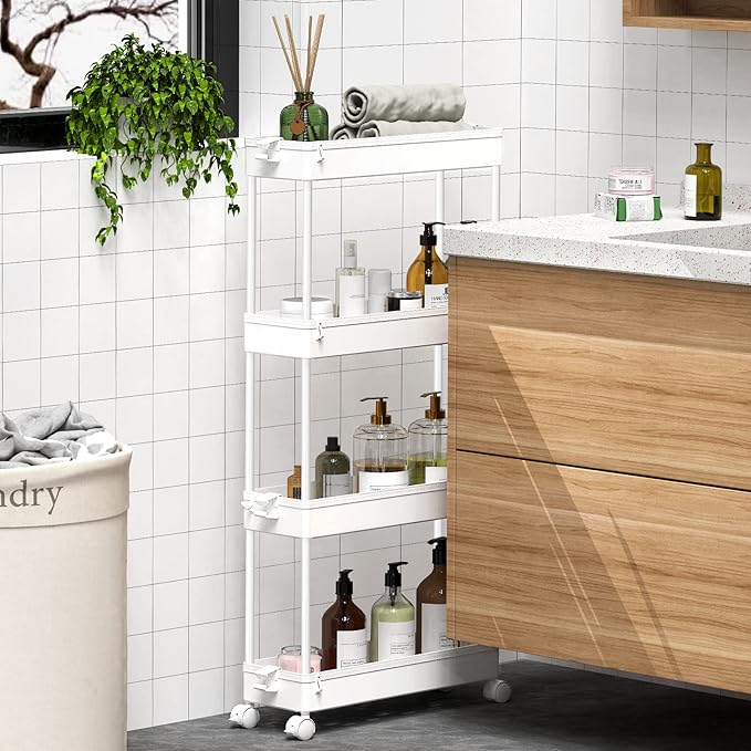 SPACEKEEPER Slim Rolling Storage Cart 4 Tier Bathroom Organizer Mobile Shelving Unit Utility Cart Tower Rack for Kitchen Laundry Narrow Places, White