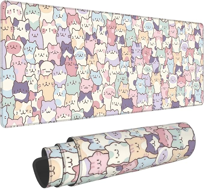 Cute Cat Mouse Pad,Large Cat Gaming Mousepad for Desk Decor,Big Kawaii Cartoon Cream Cat Keyboard Non-Slip Mousemat with Stitched Edges for Home Office Work,31.5 x 12in