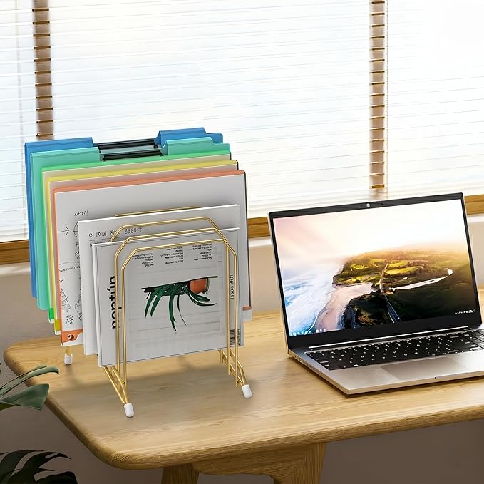 Incline Sorter Desk File Organizer, Metal Desk Magazine Folder Holder with 8-Section Vertical Compartments Rack File Organizer for Office, Home, School (2, Gold)