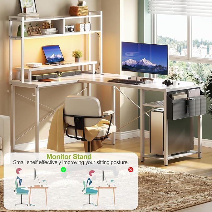 Besiost Small L Shaped Desk Gaming Desk with Power Outlets, 48" Reversible L Shaped LED Computer Desk with Monitor Stand & Storage Shelf, Corner Gamer Desk Home Office Desk with Storage Bag, White