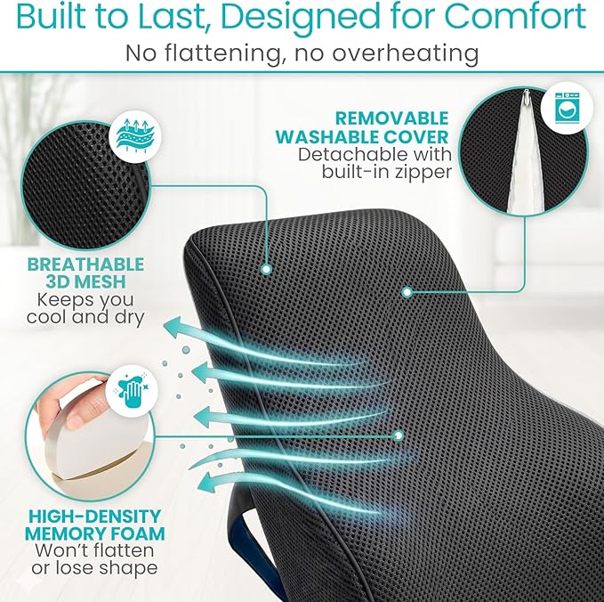 Vive Full Lumbar Cushion - Memory Foam Contour Support for Lower Back Pain - Ergonomic Pressure Relief for Office Chair, Car - Large Mesh Orthopedic Seat Backrest Roll for Improving Posture (Black)