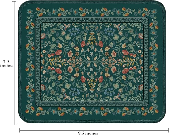 iCasso Aesthetic Small Floral Mouse Pad, Mini Portable Travel Mousepad, Anti-Slip and Comfortable Cloth Mouse Mat 7.9"x9.5" with Stitched Edges for Computer, Laptop, Office, Home(Deep Green)