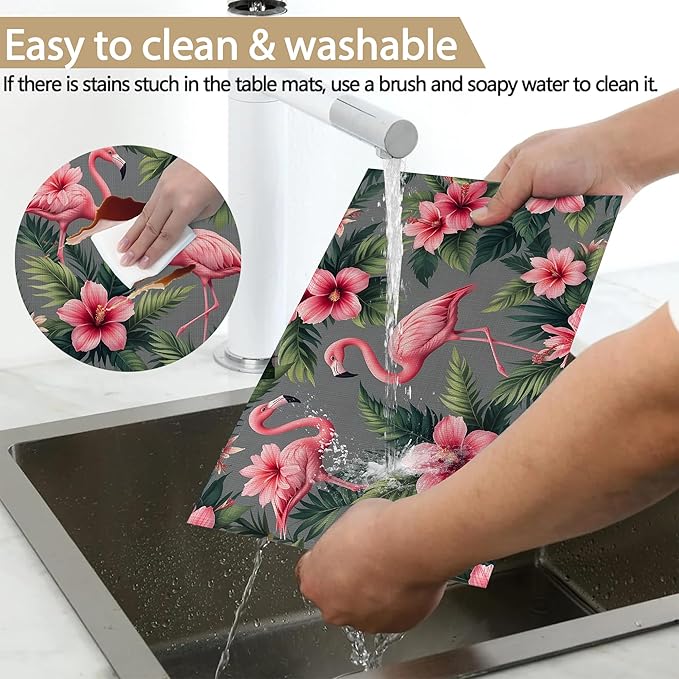 Tropical Pink Flamingo Placemats Set of 6 Linen Table Mats, 12x18 Inch Washable Placemats for Dining Table, Non Slip Heat Resistant Mats for Kitchen Home Decor