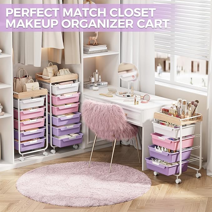 SYKIARIOL Rolling Storage Utility Cart with 5 Drawers,Craft Cart with Wheels,Makeup Organizer,Art Supply and Storage Wooden Tabletop,Purple