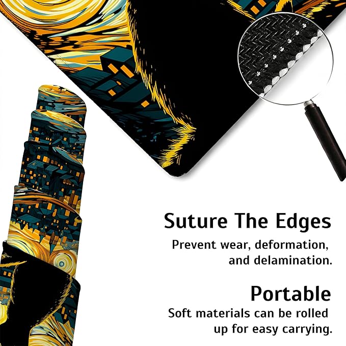 Large Gaming Mouse Pad Yellow Starry Night Cat Desk Mat,Non-Slip Rubber Base Stitched Edges,Extended Mousepad for PC,Laptop,Office,Home Decor(31.5 x 11.8 Inch)