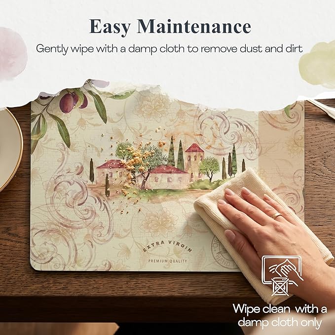 Pimpernel Olive Orchard Placemats, Set of 4 - Decorative Table Placemats with Rustic Village & Olive Branch Design, Heat & Stain Resistant, Cork Backed, Perfect for Kitchen, Dining & Entertaining