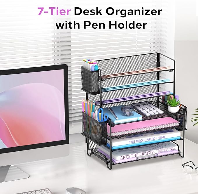 SUPEASY 7 Tier Desk Organizer with 3 Pen Holders, Heavy Duty Metal Letter Tray Paper File Organizer for Home Office School Classroom, Black