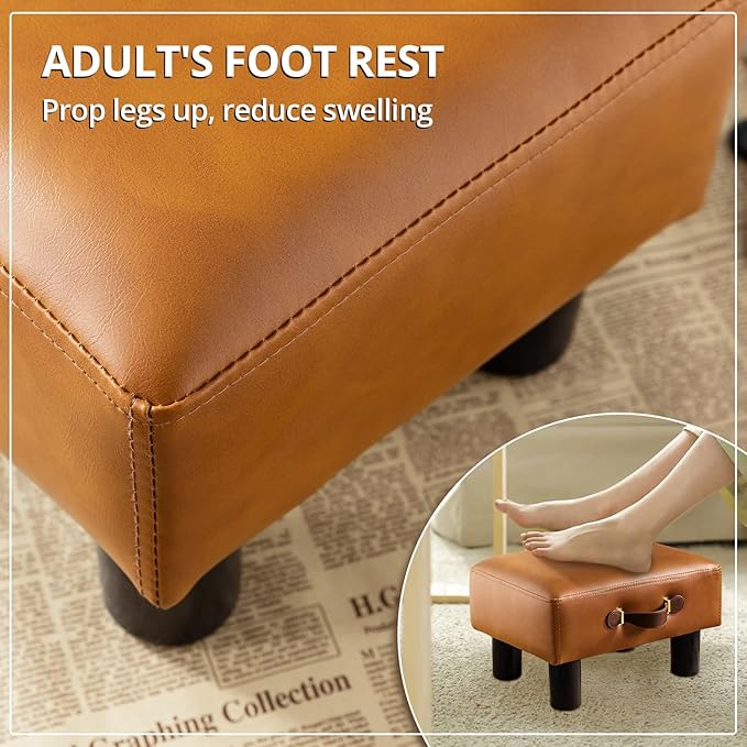 LUE BONA Small Foot Stool with Handle, Whisky Brown PU Leather Short Rest Rectangle Storage Foot Stools Ottoman with Plastic Legs, Padded Small Step Stool for Living Room, Office, Patio