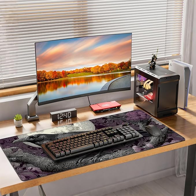 XXL Gaming Mouse Pad, Gothic Raven Moon Design with Purple Floral, 35.4 x 15.7 Inches, Non-Slip Rubber Base, Waterproof Surface，A Keyboard and Mouse Accessory Suitable for Home Gaming and Work.