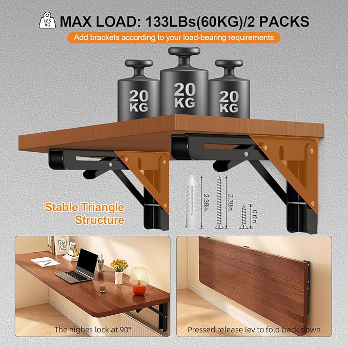 Folding Shelf Brackets 10 inch Foldable Shelf Bracket Heavy Duty Collapsible Shelf Brackets DIY Wall Mounted Fold Down Table Bracket Space-Saving for Benches Workstation (2PC, Max.Load 133 lbs)