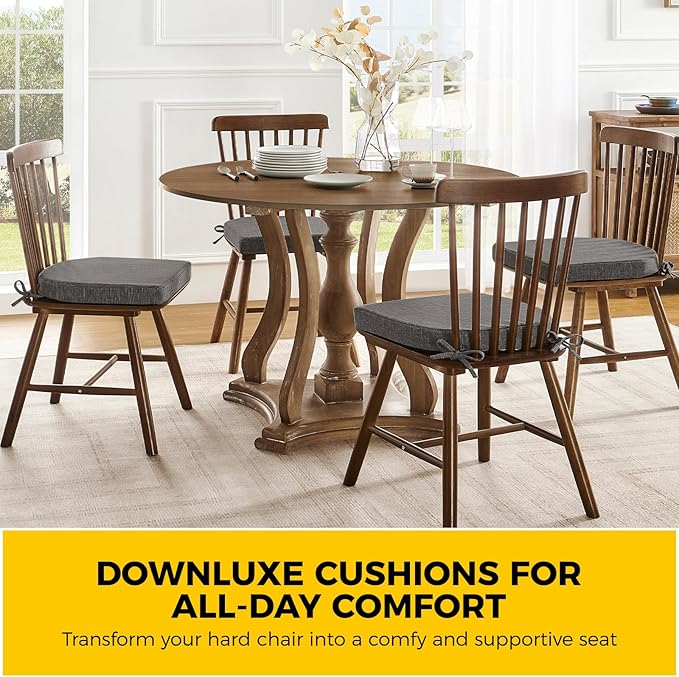 downluxe Indoor Chair Cushions for Dining Chairs, Soft and Comfortable Textured Foam Kitchen Chair Pads with Ties and Non-Slip Backing, 16" x 16" x 2", Dark Grey, 2 Pack