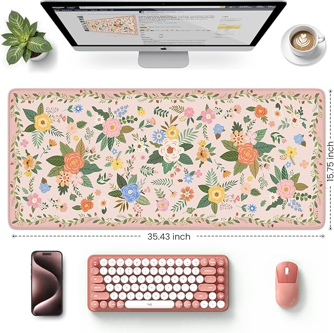HAOCOO Large Pink Mouse Pad, Waterproof Cute Keyboard Mat, Non-Slip Desk Mat for Cubicle, 35.4" x 15.7" Desktop Mat with Stitched Edges, Girly Desk Organizers & Accessories for Women