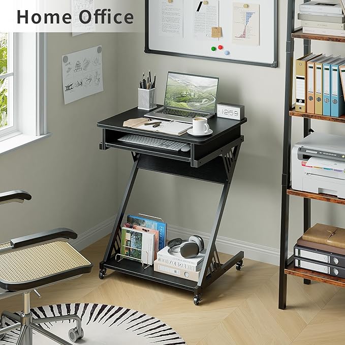 ALISENED Computer Desk for Small Spaces,23.6" Z-Shaped Compact Study Table with Smooth Keyboard Tray,with Wheels and Bottom Shelves for Home Office，Computer Cart Mobile Laptop Cart