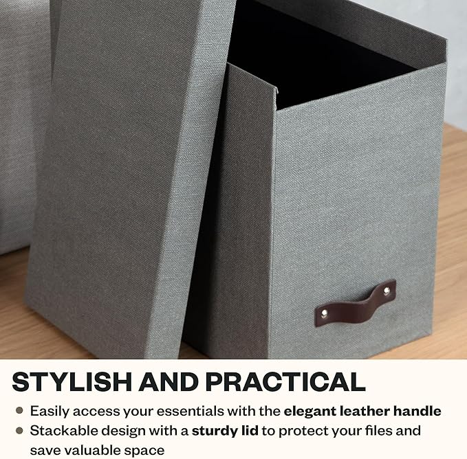 Bigso John Desktop File Box - Storage Solution and Document Organizer for Important Paperwork - Durable Hanging File Box with a Lid and Leather Handle - 7.36 in x 13.26 in x 10.51 in - Grey