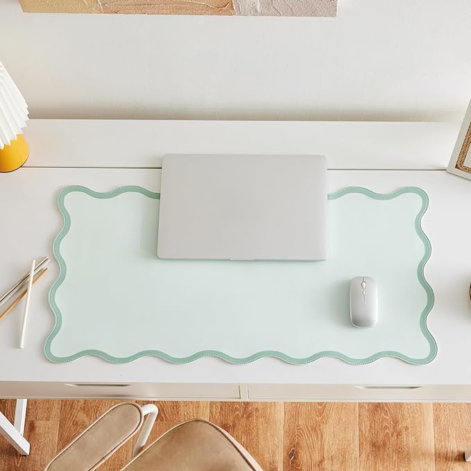 Sage Green Scalloped Desk Mat, 31.5" x 15.7", PU Leather, Waterproof Anti-Slip, Cute Aesthetic Desk Pad for Office/Home/Game/Vanity Large