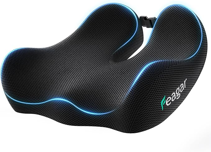 Feagar Seat Cushion for Office Chair - Memory Foam Tailbone Cushion for Desk Chair, Car Seat and Wheelchair - Ergonomic Chair Pad for Hip and Lower Back Comfort - Washable Mesh Cover