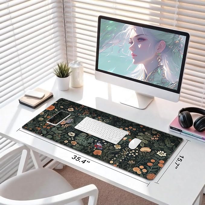 DINKY Leather Desk Mat, XXL Large Gaming Mouse Pad, Extended Desktop Decor Desk Pad, 35.4" x 15.7" Cute Floral Mouse Mat for Laptop, Keyboard, Vintage Flowers