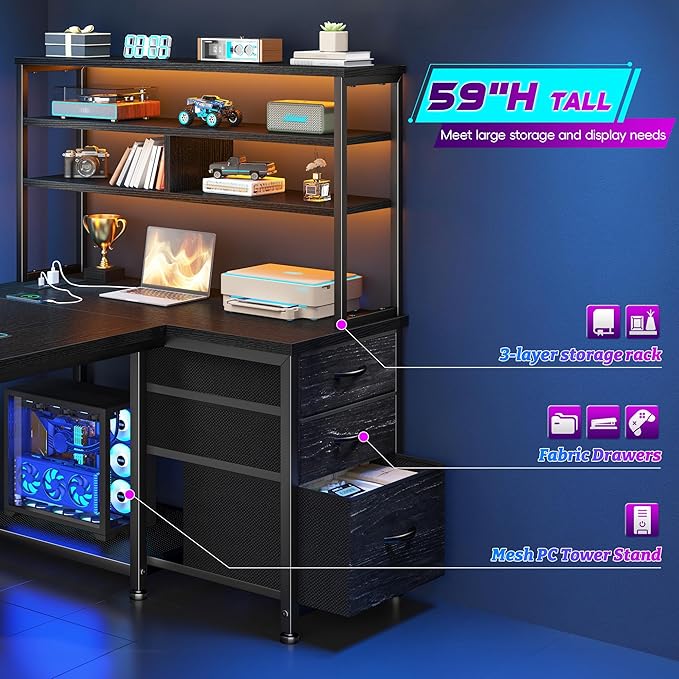 DurayLoly 55''Gaming Desk L Shaped Desk with 3 Fabric Drawers & Shelf, Reversible Computer Desk with Remote LED Lights, Power Outlet of Home Office Desk for Bedroom,Dorm,Black