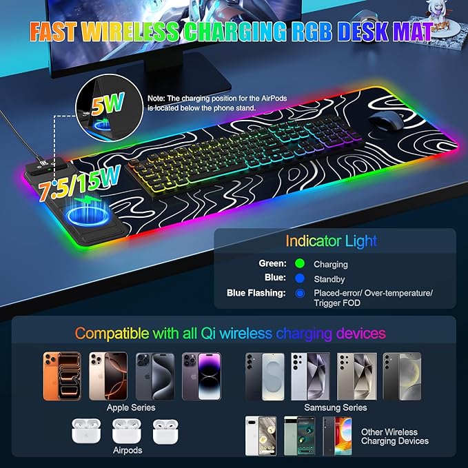 RGB Mouse Pad with Foldable Phone Stand Wireless Charger, 31.5"x11.8" XL Gaming Mousepad Large Desk Mat, Desk Pad with 11 Colors 5 Modes, Waterproof (Topographic Print)
