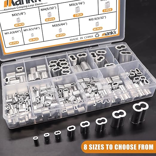 mankk 320 Pcs Aluminum Crimping Loop Sleeve 8 Sizes (3/64'' 1/16'' 5/64'' 3/32'' 1/8'' 5/32'' 3/16'' 1/4'') Wire Rope Sleeves Double Cable Ferrules Kit M-109-320