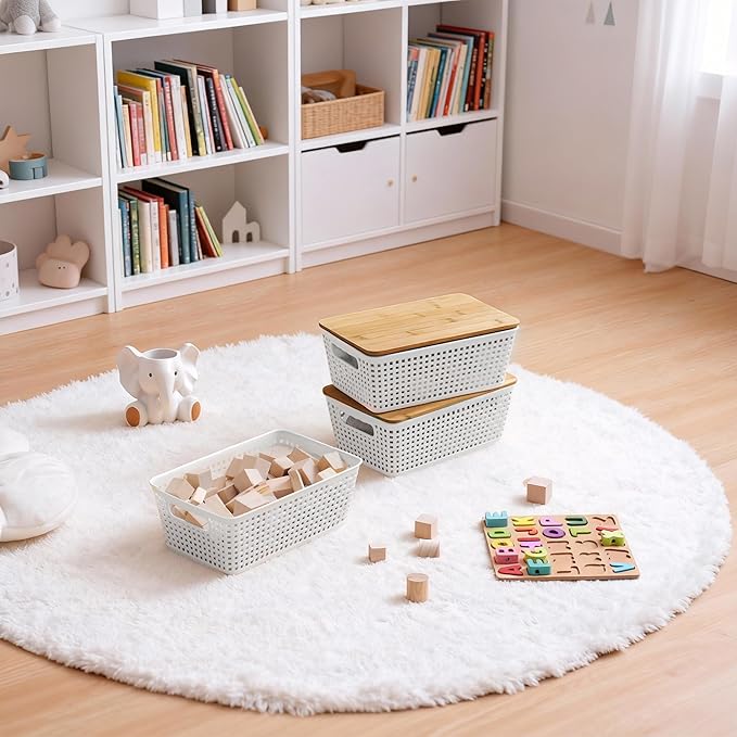 Storage Bins with Lids 8 Packs, Plastic Storage Bins with Bamboo Lids for Pantry Organization and Storage Containers for Shelves Drawers Desktop Closet Playroom Classroom Office Home, White