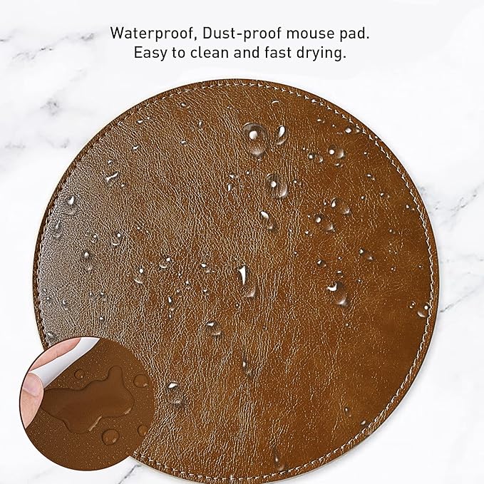 Round Faux Leather Mouse Pad, 7.8 Inch Small Compact PU Leather Circular Desk Mat, Waterproof Non-Slip Smooth Mousepad for Office Laptop, Home Work & Travel (Brown)