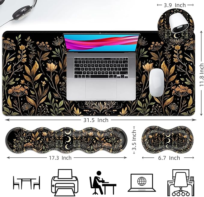 Ergonomic Mouse Pad Set with Wrist Support for Keyboard and Wrist Rest for Mouse, Memory Foam Comfort, Non-Slip Large Desk Mat for Home Office Pain Relief,Moon Star Flowers