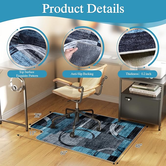 Office Chair Mat for Hardwood Floor & Tile Floor,48"X 60" Heavy Duty Desk Chair Mat for Hard Floors, Under Desk Rug for Rolling Computer Chair,Anti Slip,Low Pile Carpet Protector-Convex Geo Blue Gray