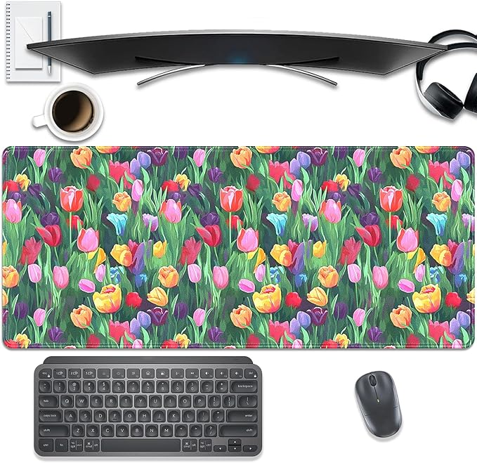 Colorful Tulip Flower Large Mouse Pad Desk Pad, 27.5x11.8in Vibrant Floral Garden Extended Desk Mat with Stitched Edges, Non-Slip Waterproof Rubber Base for Office, Computer & Laptop