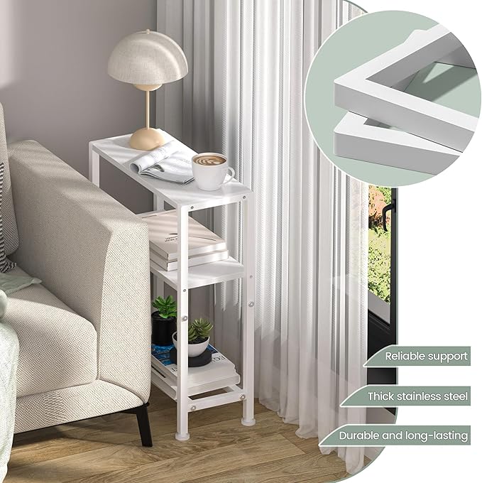 Narrow Side Table for Small Space, 2-Tier Small End Table with Shelf Holder, Slim Nightstand, Skinny Snack Couch Table in Living Room, Bedroom, Study, Kitchen and Balcony (White)