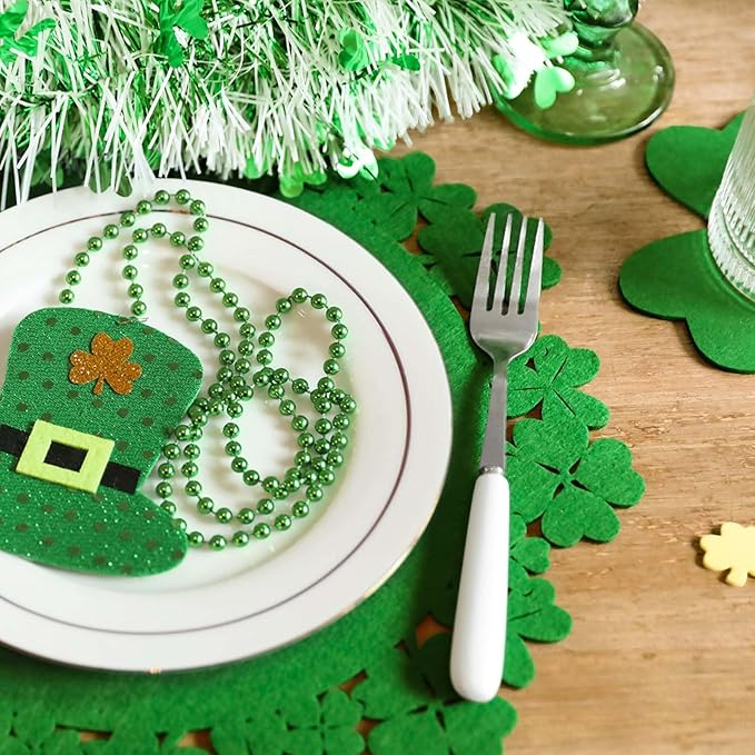 Noctiflorous St. Patrick’s Day Shamrock Green Round Felt Placemats with Coasters Set of 12 Table Decoration Durable Heat-Resistant Non-Slip Washable Place Mats Indoor Outdoor Kitchen Dining Table Mats