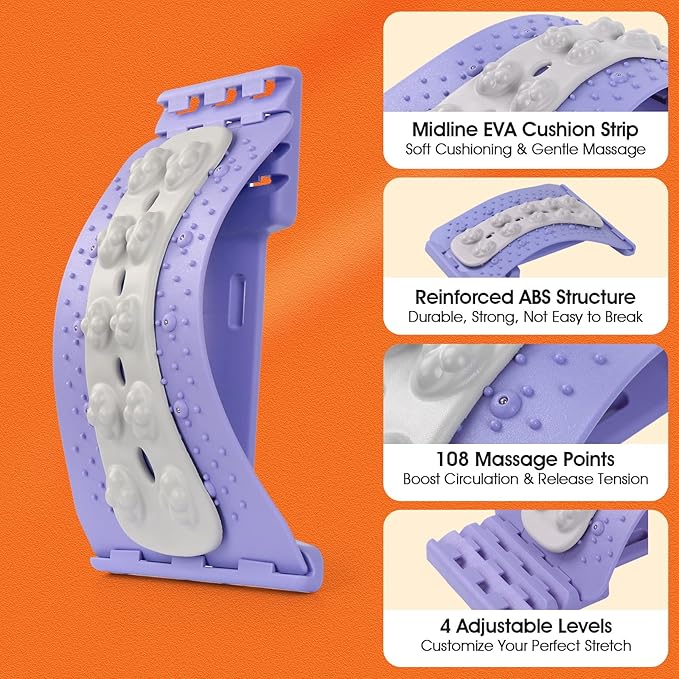 Premium Back Stretcher for Lower Back Pain Relief – 4-Level Adjustable Lumbar Support Board with Soft EVA Massage Strip – Durable & Portable Back Cracker to Release Tension and Reset Your Day (Purple)