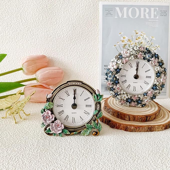 Silent Mini Vintage Analog Table Clock with Hand-Painted Metal Body and Battery Operated Non-Ticking Core for Shelf, Bedroom, Bedside, Desk, Gift Clock