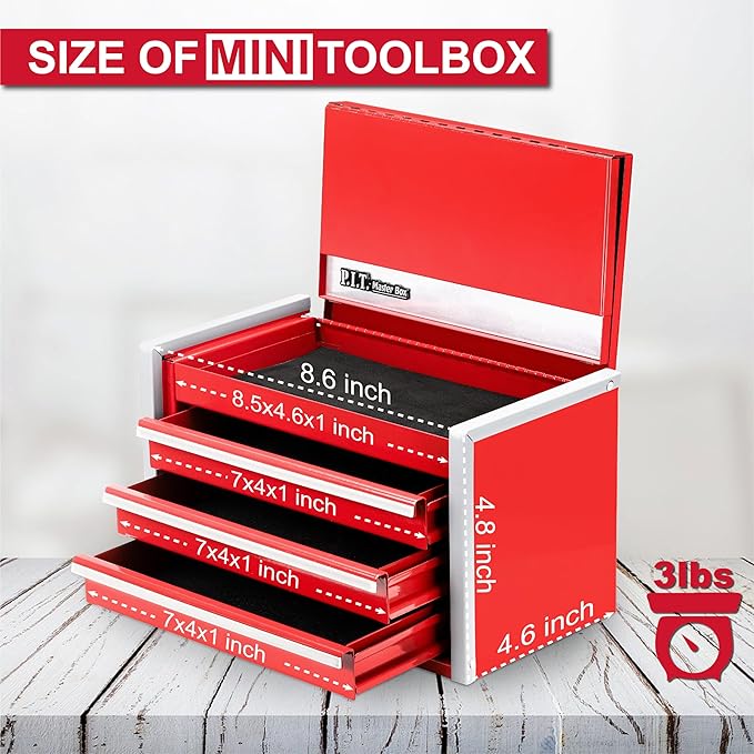 P.I.T. Mini Tool Box 8.6"W X 4.6"D, Portable 3 Drawer Steel Stackable Red Tool Box with Magnetic Tab Locking, Red Micro Top Chest with Liner for Tools Storage and Organizers, Home DIY