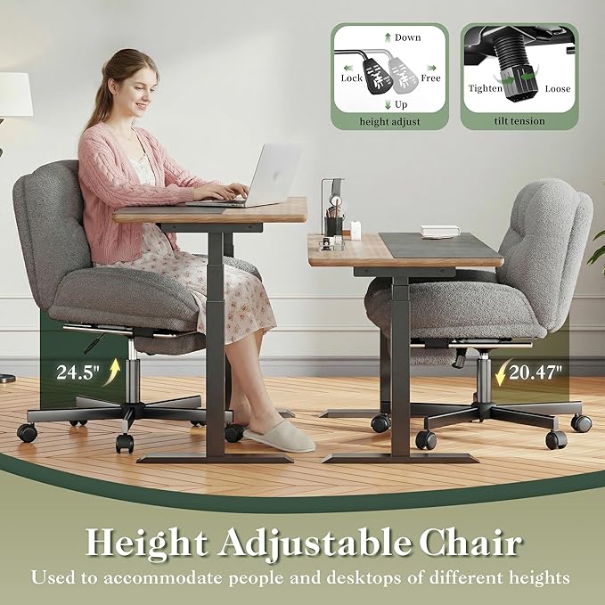 DurayLoly Criss Cross Office Chair with Foot Rest, 26.77" Wide Cross Legged Office Chair with 7" Thick Backrest, Height Adjustable & 360°Swivel, Desk Chair for All-Day Comfort (Misty Gray)