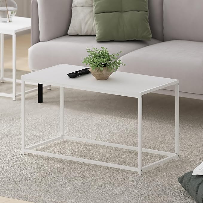 Furinno CAMNUS Coffee Table, Metal Frame Modern Center Table, Rectangular Side Table, Toolless Assembly, for Living Room, Bedroom, Home Office, Solid White