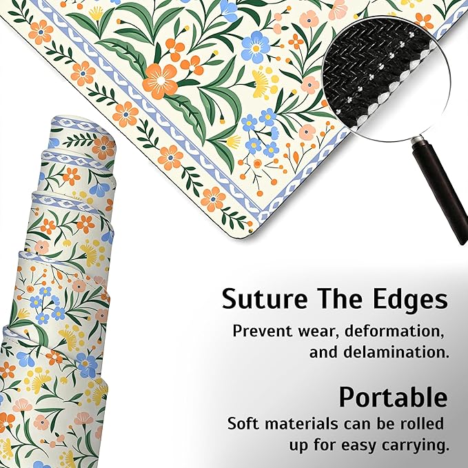Green Floral Mouse Pad,35.4 x 15.7 Inch Large Mouse Mat Non-Slip Rubber Stitched Edges for Writing Desk,Office,Home,Laptop