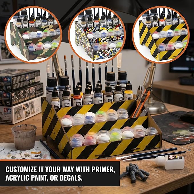 PROSCALE Universal Paint Organizer Rack for Miniatures Modeling Paint Holder for all kind of Bottles + Brush/Tool Slots Compatible with Citadel, Vallejo, Army Painter, Tamiya, others (Module B)