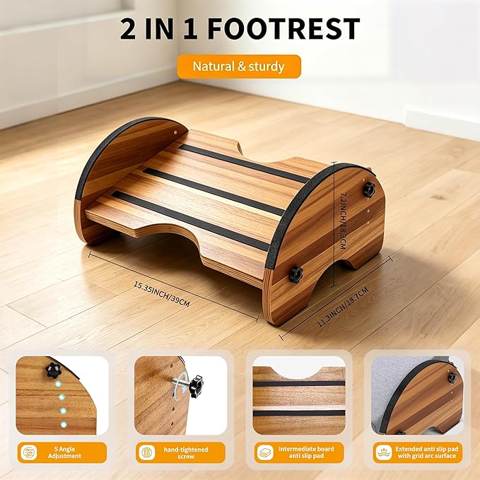 Foot Rest for Under Desk at Work, 2-in-1 Reversible Rocking Footrest Adjustable Foot Stool, Ergonomic Footrest for Under Gaming Desk, for Home, Office and Gaming, 5 Adjustable Heights,Large Anti-Slip