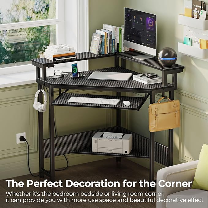 Rolanstar Corner Desk, 44.5" W x 34.5" H Carbon Fiber Computer Desk with Power Outlets, LED Lights and Keyboard Tray, Small Office Computer Desk with Monitor Stand for Small Space, Carbon Black
