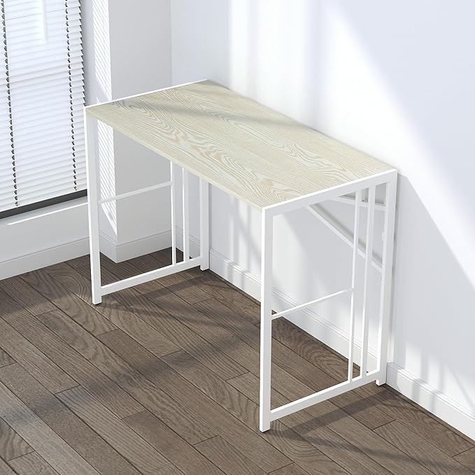 Lutown-Teen 40 inch Folding Desk, Writing Gaming Computer Camping Desk, No Assembly Required Home Office Table, Natural and White